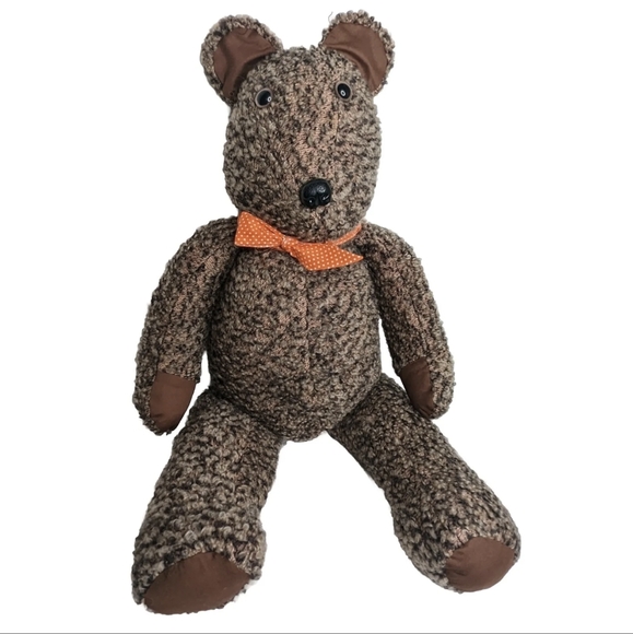 Vintage Handmade Teddy Bear | 30" Tall Curly Heather Brown Plush with Bow - Picture 6 of 11